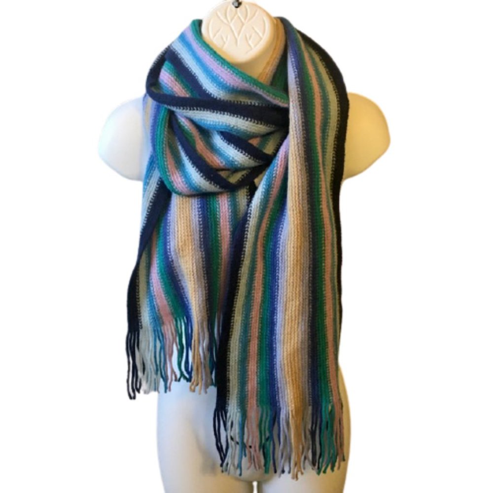 V. Fraas Scarf Wool Angora Blend Stripes Fringe Blue Pink Gold Teal